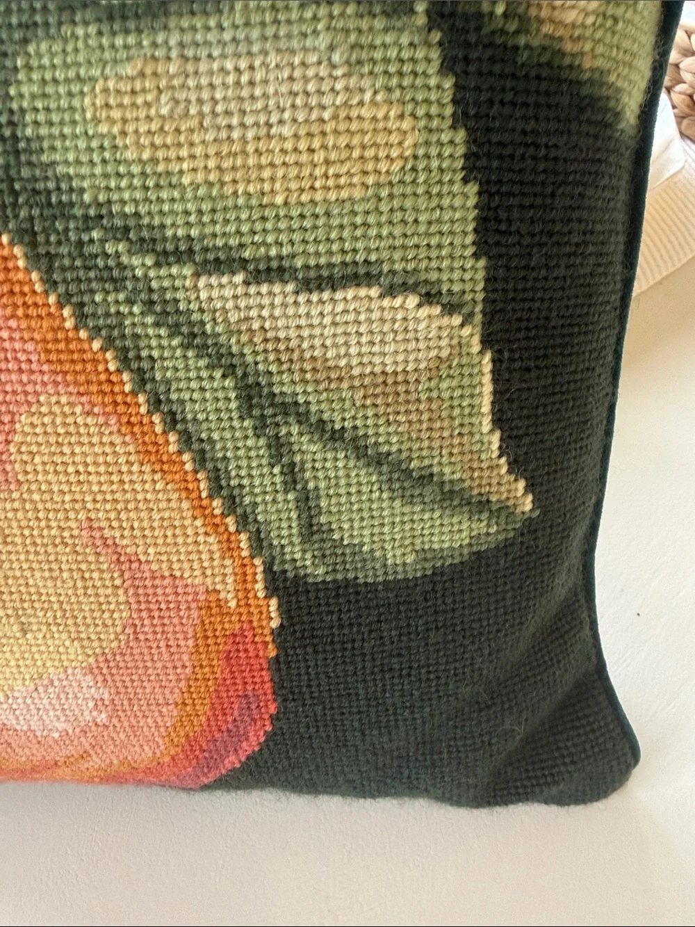 Hand-Needlepoint Pear Pillow in Green, Pink & Yellow inperial elegance